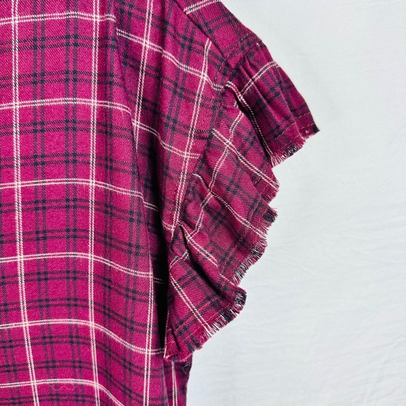 Paige plaid button down‎ Women short sleeve distressed ruffles shirt soft Red XS - Picture 2 of 6